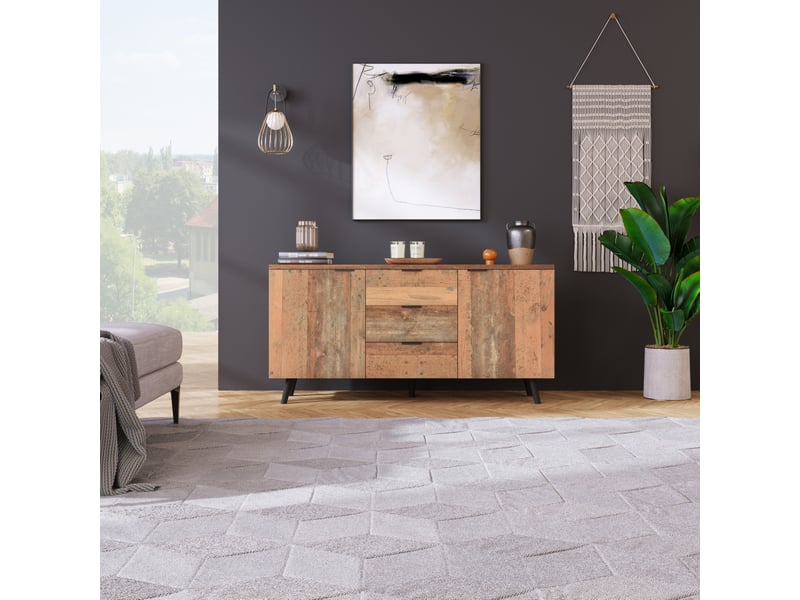 Meuble tv vintage marron bois vieilli avec 3 tiroirs et étagères réglables, 140 cm - Conforama D
