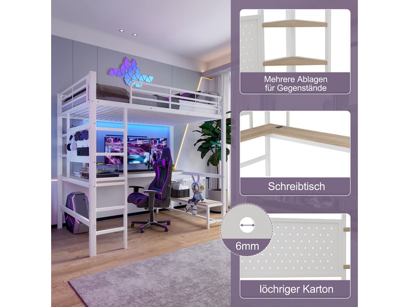  Lit mezzanine 90x200 cm blanc, avec bureau, rangements, panneau perforé, échelle, led, usb-c, structure métal, sommier inclus, sans matelas  - Conforama E