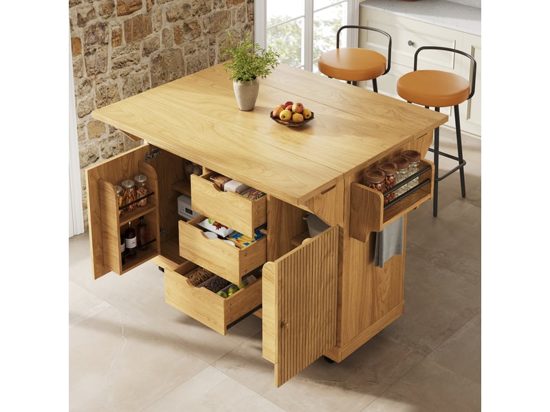  Desserte de cuisine avec rallonges pliables, chariot de cuisine avec tiroirs, table de cuisine mobile, couleur marron naturel.  - Conforama B