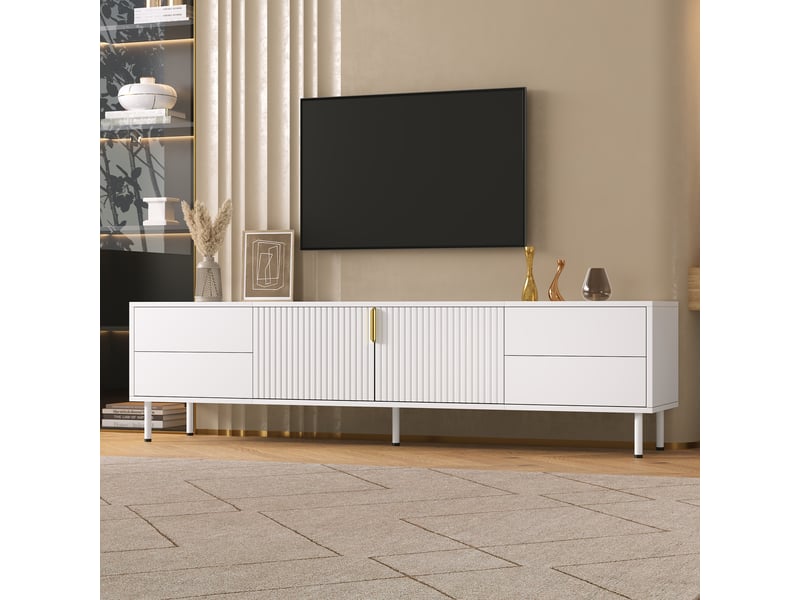 Meuble tv avec 2 portes et 4 tiroirs, 180 x 40 x 49,5 cm, façades rainurées, passage de câbles et pieds en métal, mdf, blanc Morn Vibe - Conforama B