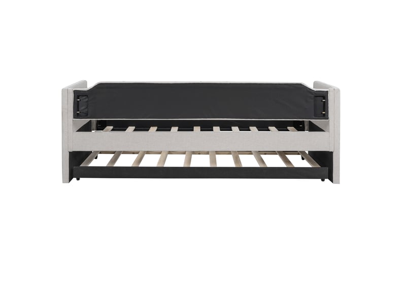  Banquette lit capitonnée en lin beige avec lit gigogne 90x200 sur roulettes, structure en bois massif  - Conforama W