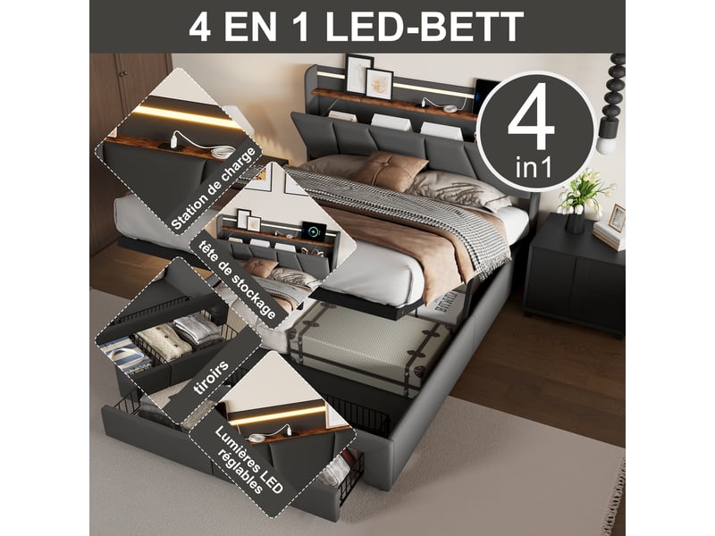 Lit coffre hydraulique 140x200, tête de lit rangement, 2 tiroirs pied de lit, port usb et led rgb, tissu lin gris foncé - Conforama E
