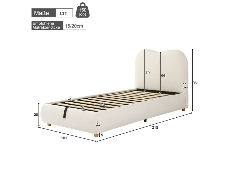  Lit enfant 90x200 cm, lit simple avec coffre de rangement hydraulique et tête de lit en velours, sans matelas - beige  - Conforama C