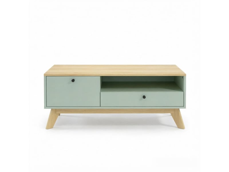  Table basse rectangulaire 100x50x40 cm – table de salon scandinave avec 1 tiroir, 1 porte et niche ouverte, piétement bois - vert clair &amp; chêne  - Conforama A
