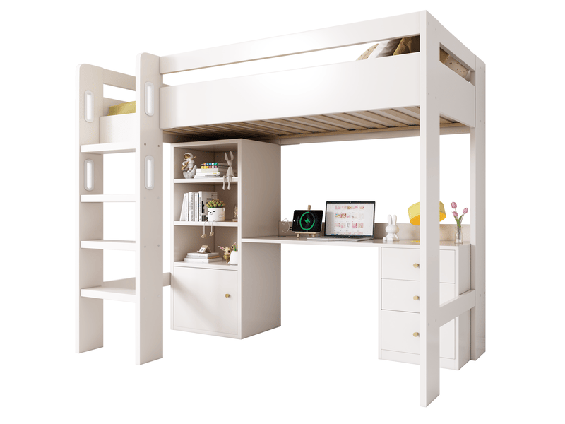  Lit mezzanine enfant blanc 90 x 200 cm avec bureau, rangement et ports usbtype-c  - Conforama A