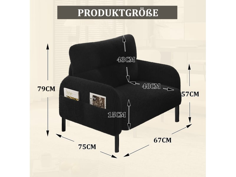  Fauteuil de salon à assise profonde avec dossier ergonomique et poches latérales en velours côtelé noir  - Conforama D