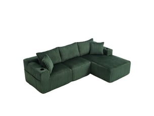 Canapé d’angle, canapé 2 places avec poches latérales, porte-gobelets, 5 coussins, en velours, vert