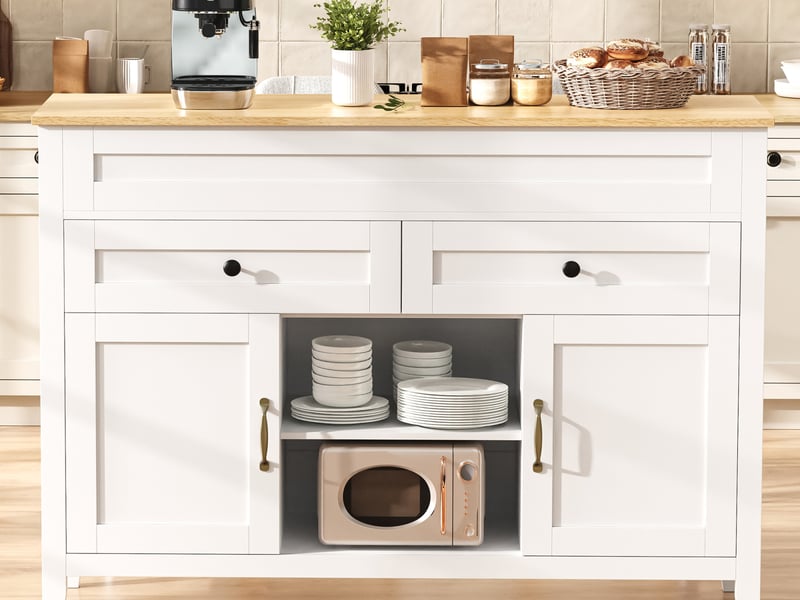  Îlot de cuisine 120 x 40-76 x 92 cm avec table coulissante, 2 tiroirs, 2 portes et rangements, blanc, en mdf robuste  - Conforama B