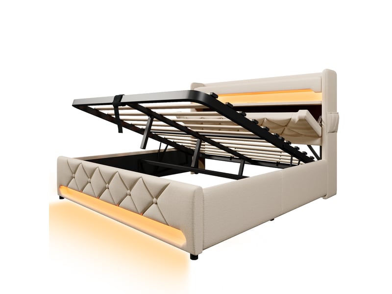  Lit double capitonné 160x200 cm,lit coffre hydraulique,tête de lit avec led et ports usb type-c,lin,sans matelas,beige  - Conforama A