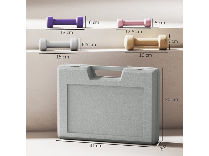 Set de 4 paires d'haltères hexagonales de 0,5 à 2 kg multicolores, avec mallette de rangement - Conforama C