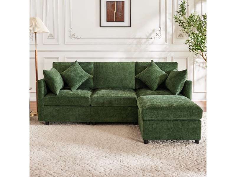 Canapé d'angle, canapé convertible – en chenille, pouf amovible, vert, 3 places - Conforama D