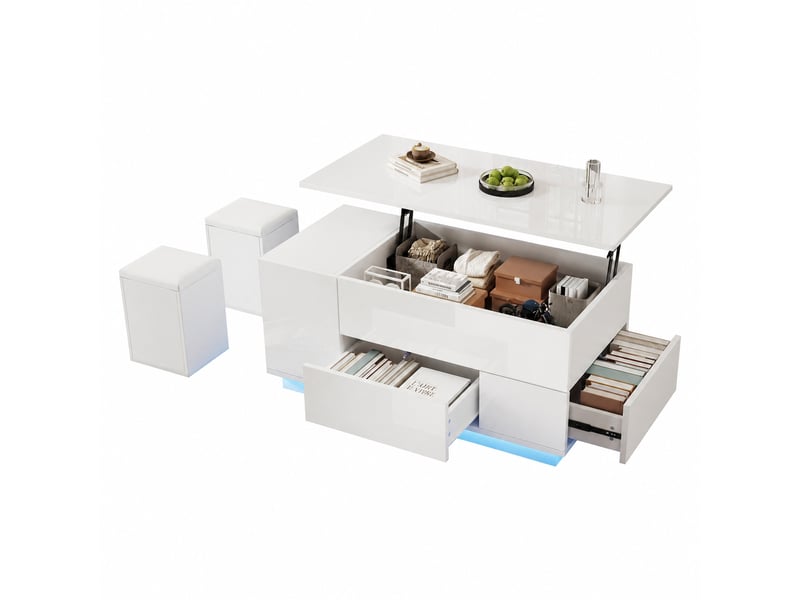  Table basse relevable blanche 100 x 50 x 45 cm, led, 2 tiroirs et 2 poufs, blanc  - Conforama A