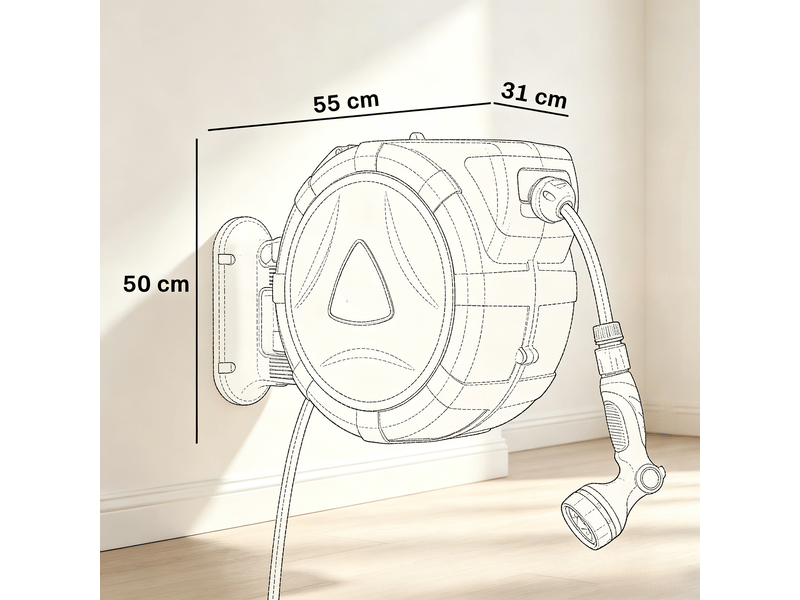  Dévidoir mural automatique 23+2 m avec pistolet d’arrosage 10 modes, 55x31x50 cm  - Conforama C