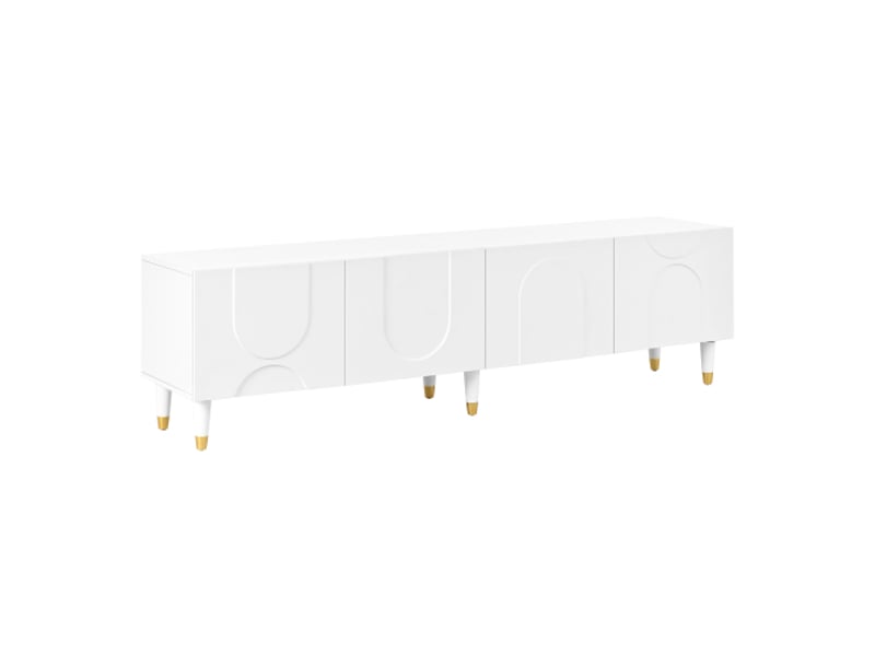 Meuble tv bas bois massif – arc asymétrique, 4 portes, rangement multiple salon, design moderne - Conforama A