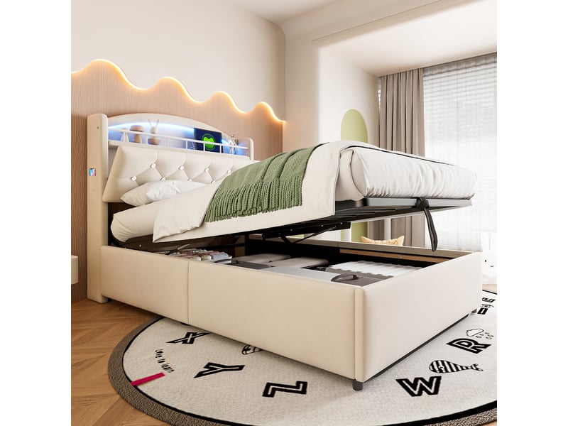 Lit coffre enfant rembourré en velours 90x200 cm, avec led, 3 usb, type-c, rangement dans la tête de lit et sommier métal, beige - Conforama D
