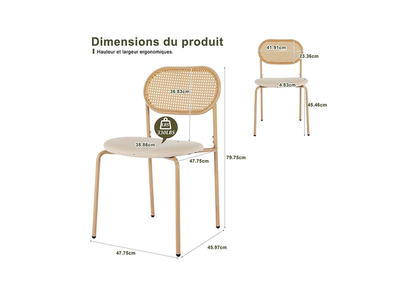  Lot de 2 chaises de salle à manger en rotin, chaise bistrot avec dossier en rotin et pu siège rembourré et 4 pieds reglables  - Conforama C