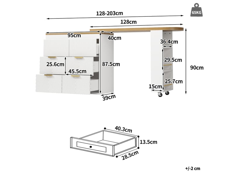  Table de bar pivotante 128-203x39x90 cm en mdf et métal avec 6 tiroirs blanc chicfurn  - Conforama C