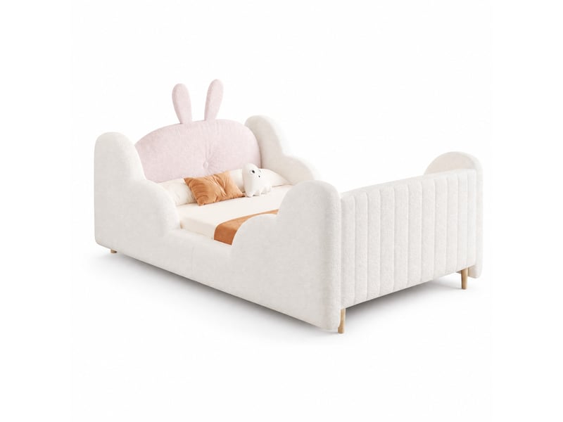  Lit enfant 90x200 cm avec coussin lapin et côtés nuage, tissu teddy blanc  - Conforama A