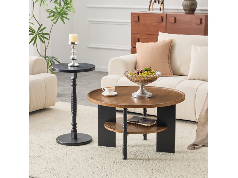  Set de 2 tables basses rondes 80x47+38x67 cm avec rangement, table gigogne, bords arrondis, salon, mdf, couleur noyer  - Conforama D