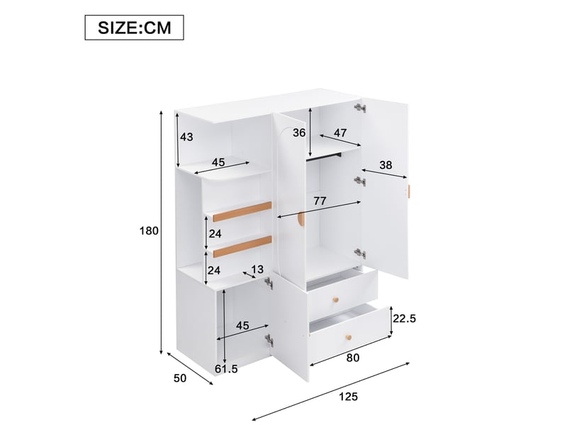  Armoire de rangement 125x50x180 cm avec 3 portes et 2 tiroirs, penderie en mdf couleur blanc et naturel, design moderne  - Conforama C