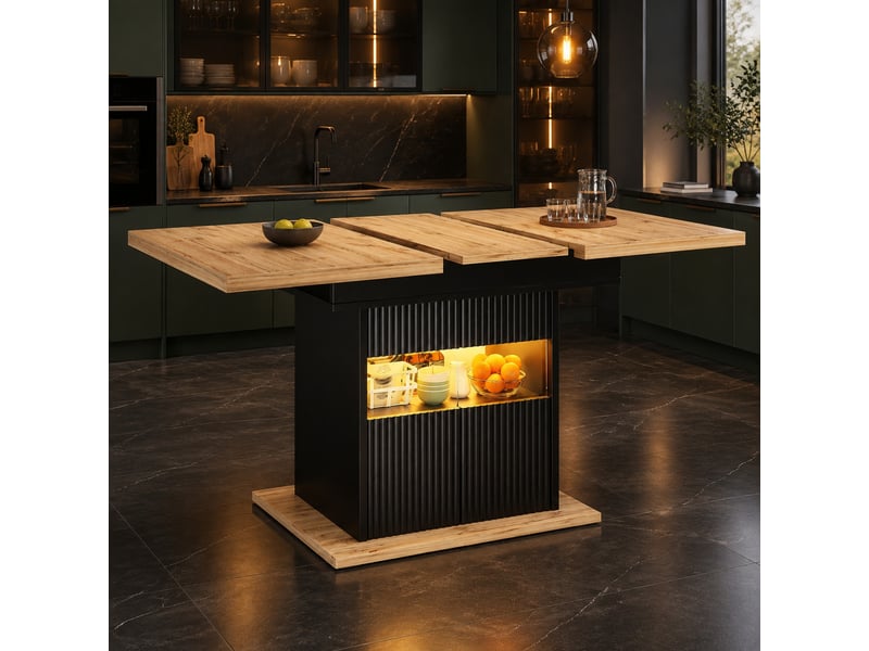  Table à manger extensible avec rangement éclairé led - lpospi - plateau mdf métal noir effet bois 110-140 × 80 × 76 cm  - Conforama C