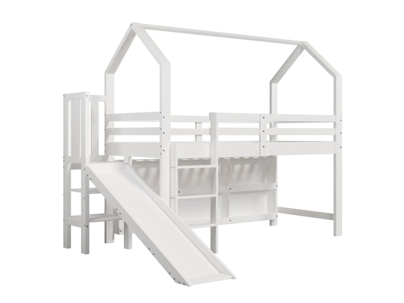Lit enfant cabane 90 x 200 cm, toboggan, escalier, placard de rangement, étagères de rangement, structure cabane, bois massif et mdf, blanc ABC - Conforama A