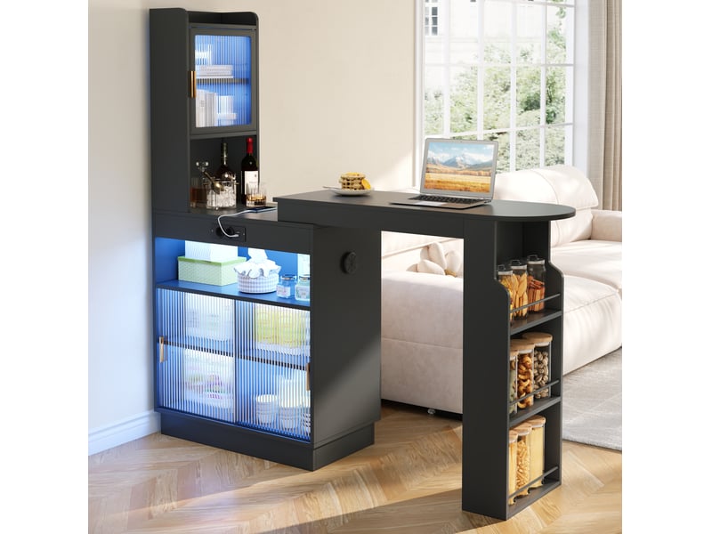  Table bar extensible avec rangements et led 131-170x40x170 cm mdf noir  - Conforama W