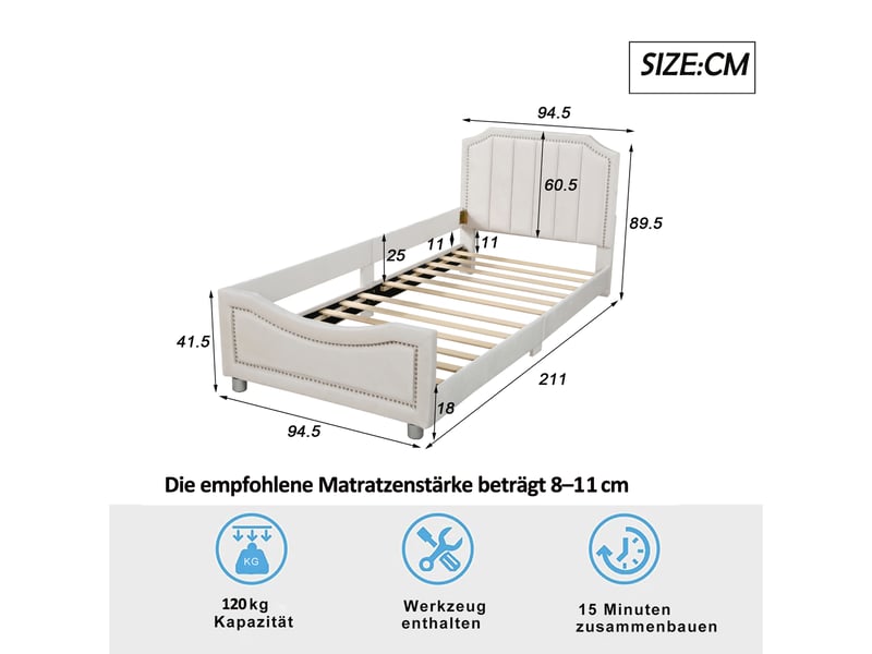  Lit banquette enfant 200×90 cm avec dossier et accoudoir, sommier à 12 lattes, sans matelas, en flanelle beige  - Conforama D