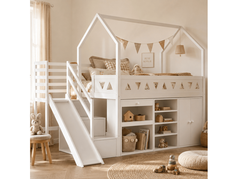  Lit enfant surélevé 90x200 cm, toboggan et escalier, rangements, sommier à lattes, bois et mdf, blanc sans matelas  - Conforama D