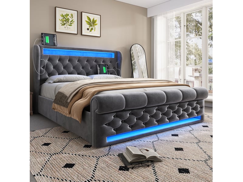  Lit coffre adulte 160x200 cm – gris – rangement hydraulique, led, ports usb et type-c, avec matelas  - Conforama B