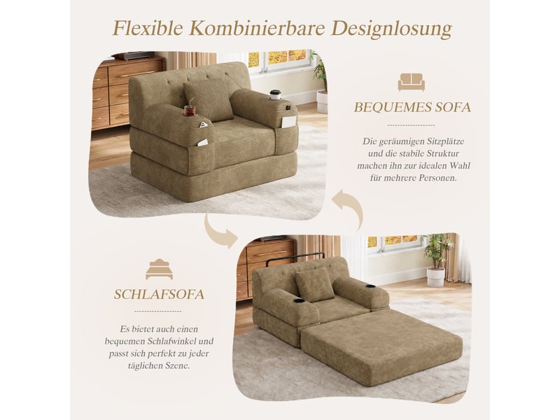  Canapé droit convertible lit 1 place en velours côtelé kaki avec rangement latéral et porte-gobelets  - Conforama E