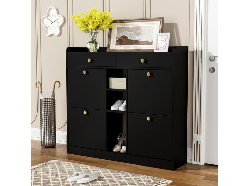  Meuble à chaussures avec 4 portes abattantes, 2 tiroirs et 3 niches pour entrée 110×26×100 cm noir  - Conforama B