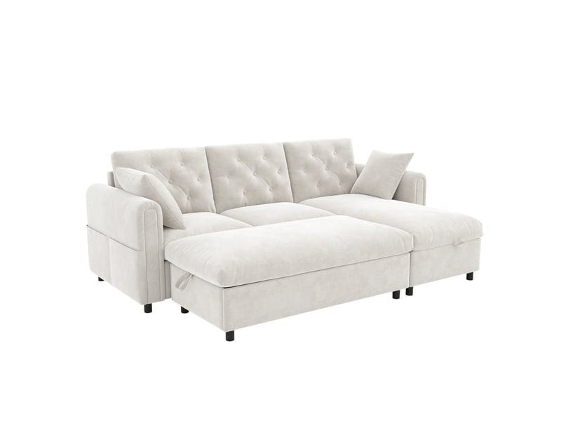  Canapé 3 places beige avec méridienne réversible et pouf de rangement 219x131x86 cm  - Conforama A
