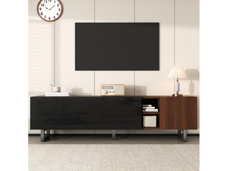  Meuble tv 180x38x50 cm design minimaliste avec portes laquées noir et motif bois chaleureux, mdf, noir et naturel  - Conforama D