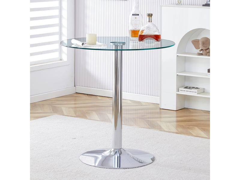 Table de bar ronde avec plateau en verre transparent et base en métal argenté, diamètre 89 cm, hauteur 92 cm  - Conforama C
