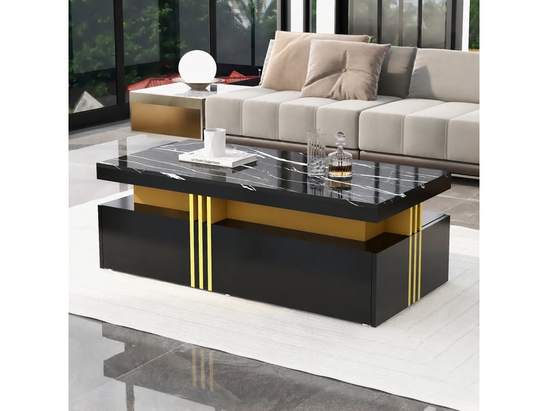 Table basse noire rectangulaire avec 2 tiroirs, effet marbre brillant, 100 x 50 x 40 cm, noir et doré - Conforama C
