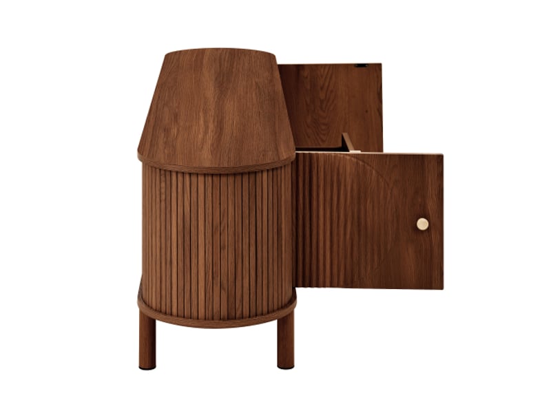  Meuble tv moderne en rotin avec tiroirs et casiers ouverts - plateau arrondi, pieds métal-bois, mobilier salon  - Conforama E