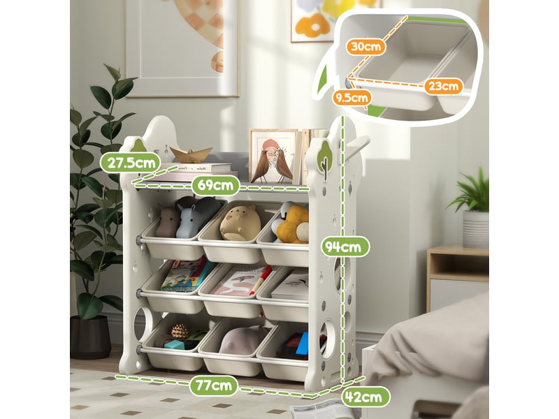 Meuble de rangement pour jouets à 4 niveaux avec 9 bacs et crochet latéral, pehd, 77 x 42 x 94 cm, blanc crème - Conforama D