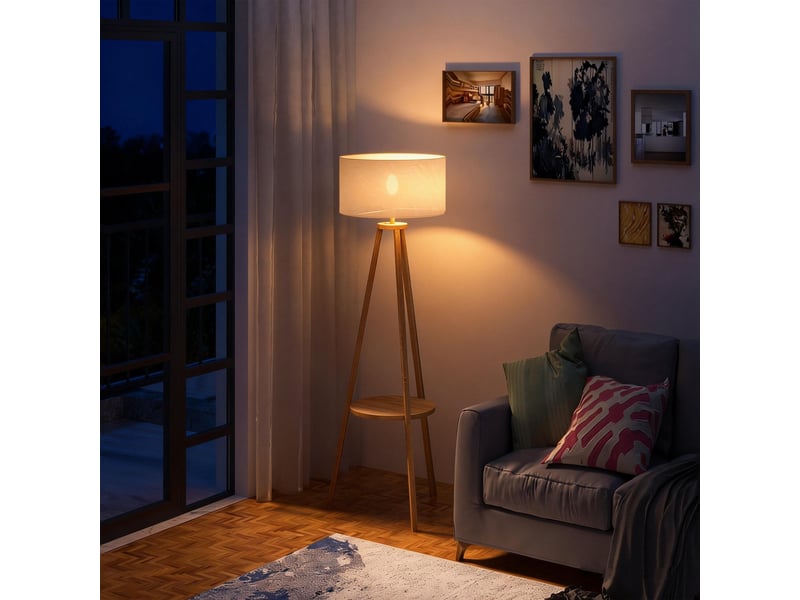  Lampadaire trépied avec structure en bois naturel, abat-jour en tissu beige et compartiment de rangement intégré, 50 x 50 x 154 cm  - Conforama C