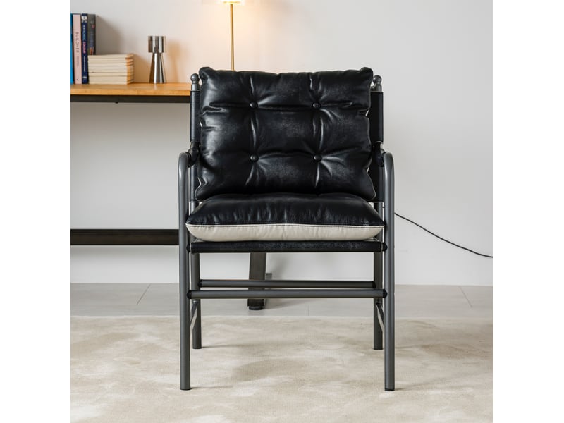  Fauteuil d'appoint cuir mid century moderne avec cadre en métal noir, pour salon et chambre, 60x62x90 cm  - Conforama E