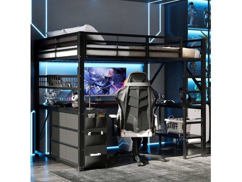  Lit mezzanine 140 × 200 cm 2 places avec 6 tiroirs, bureau, étagères et led, sans matelas, métal noir  - Conforama B