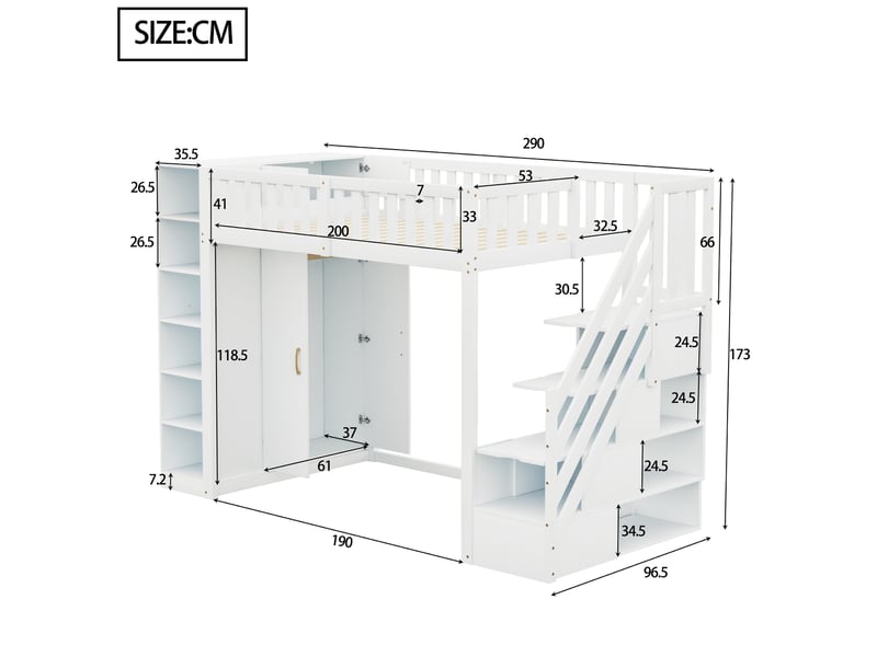  Lit mezzanine 90x200cm, lit enfant, lit simple, armoire, rangement, escalier sécurisé, bois et mdf, blanc sans matelas  - Conforama C