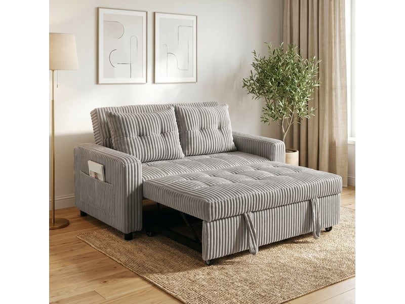 Canapé convertible 2 places 3 en 1 avec dossier réglable et poches latérales en velours côtelé gris clair - Conforama D