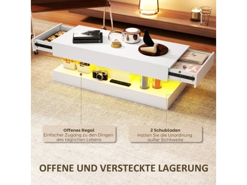 Table basse moderne blanche avec tiroirs, led et étagère ouverte en panneau pour salon - Conforama B