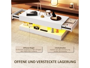 Table basse moderne blanche avec tiroirs, led et étagère ouverte en panneau pour salon