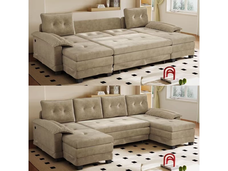  Canapé panoramique en u fauteuil relax chenille couleur camel avec prise usb intégrée pour salon moderne  - Conforama B