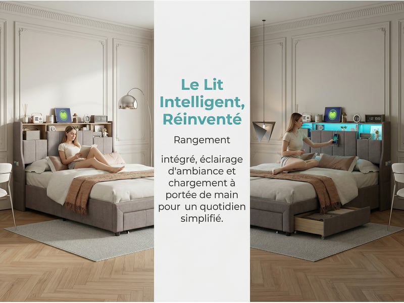  Lit 2 places 160x200 cm - tiroirs de rangement et led - rangement tête de lit - lit 2 places tissu - sommier à lattes  - Conforama E
