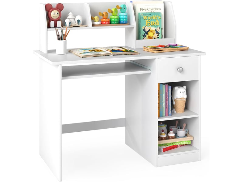 3 en 1 bureau enfant 90 x 45 x 90cm avec rangement, 1 tiroir 2 étagères, table enfant en bois avec plateau à clavier, blanc  - Conforama A
