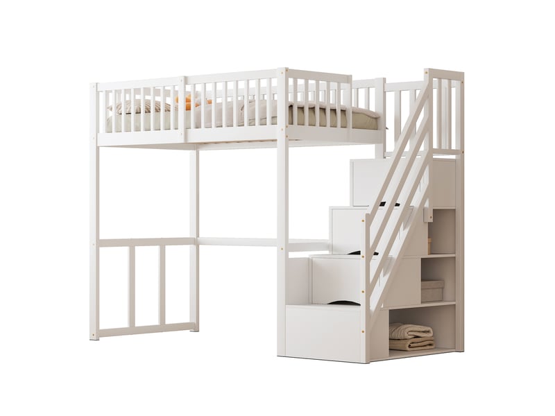  Lit en hauteur, 90x200 cm, couchage en hauteur, avec escalier de rangement, matelas non inclus, bois, coloris blanc  - Conforama A