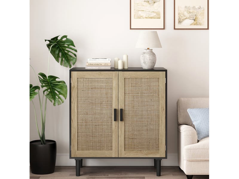  Armoire de rangement 80x40x88 cm, buffet avec 2 portes, style rotin, poignées bois, meuble rangement salon, mdf noir  - Conforama B